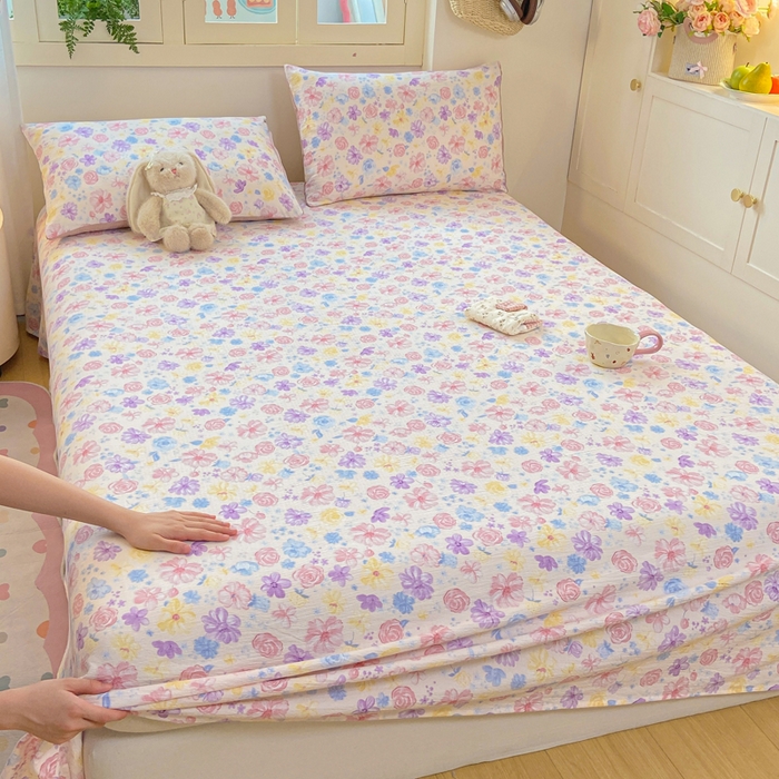 91家纺网 家纺一手货源 找家纺 夜笙家纺 2025新款110克水洗棉双层纱单床单系列 花海-粉