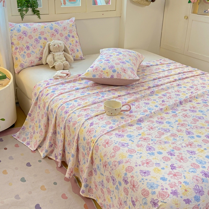 91家纺网 家纺一手货源 找家纺 夜笙家纺 2025新款110克水洗棉双层纱单床单系列 花海-粉