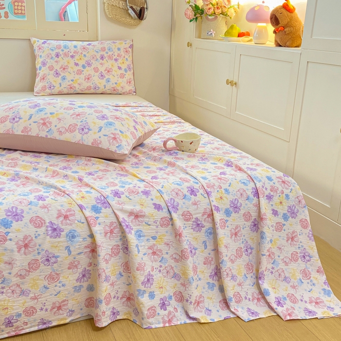 91家纺网 家纺一手货源 找家纺 夜笙家纺 2025新款110克水洗棉双层纱单床单系列 花海-粉