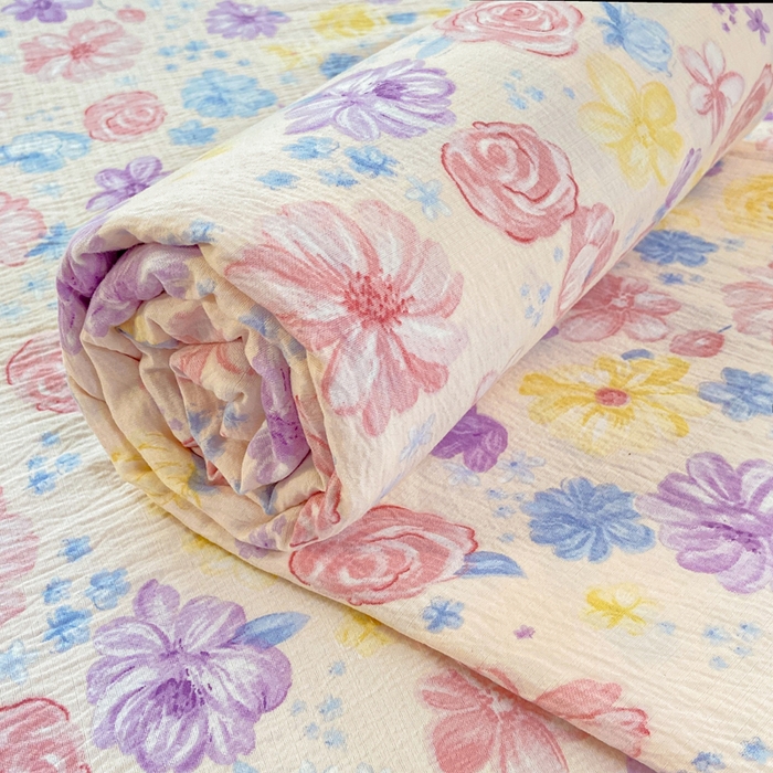 91家纺网 家纺一手货源 找家纺 夜笙家纺 2025新款110克水洗棉双层纱单床单系列 花海-粉