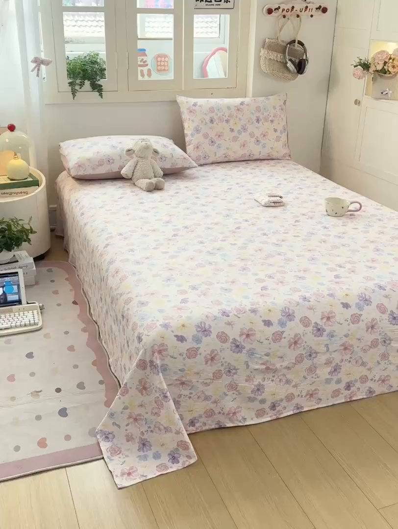 91家纺网 家纺一手货源 找家纺 夜笙家纺 2025新款110克水洗棉双层纱单床单系列 花海-粉