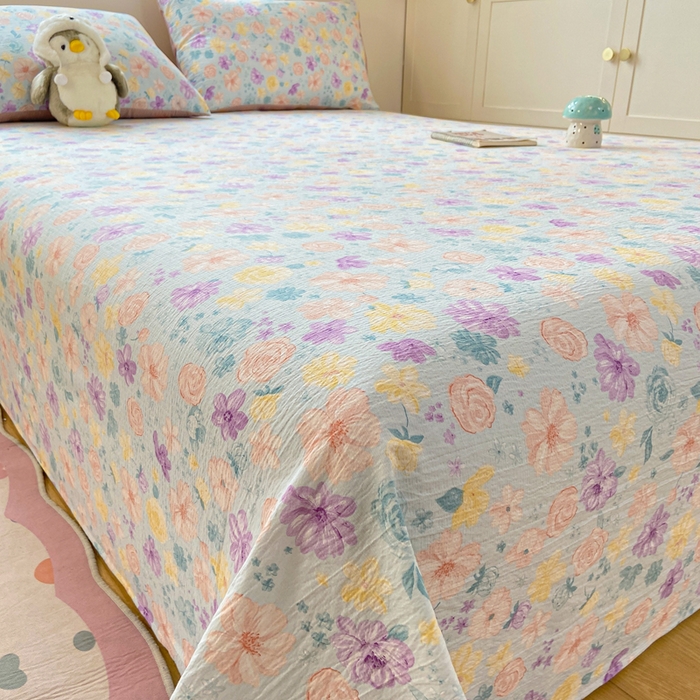 91家纺网 家纺一手货源 找家纺 夜笙家纺 2025新款110克水洗棉双层纱单床单系列 花海-蓝