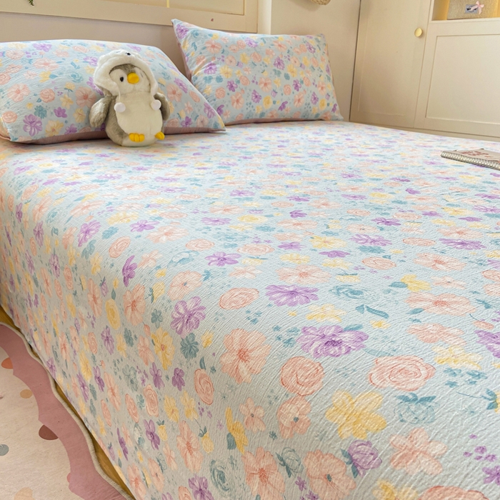 91家纺网 家纺一手货源 找家纺 夜笙家纺 2025新款110克水洗棉双层纱单床单系列 花海-蓝