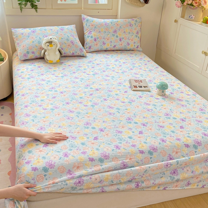 91家纺网 家纺一手货源 找家纺 夜笙家纺 2025新款110克水洗棉双层纱单床单系列 花海-蓝