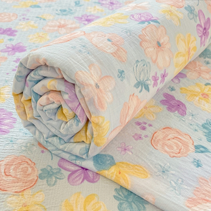 91家纺网 家纺一手货源 找家纺 夜笙家纺 2025新款110克水洗棉双层纱单床单系列 花海-蓝