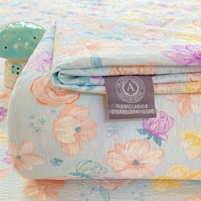 91家纺网 家纺一手货源 找家纺 夜笙家纺 2025新款110克水洗棉双层纱单床单系列 花海-蓝