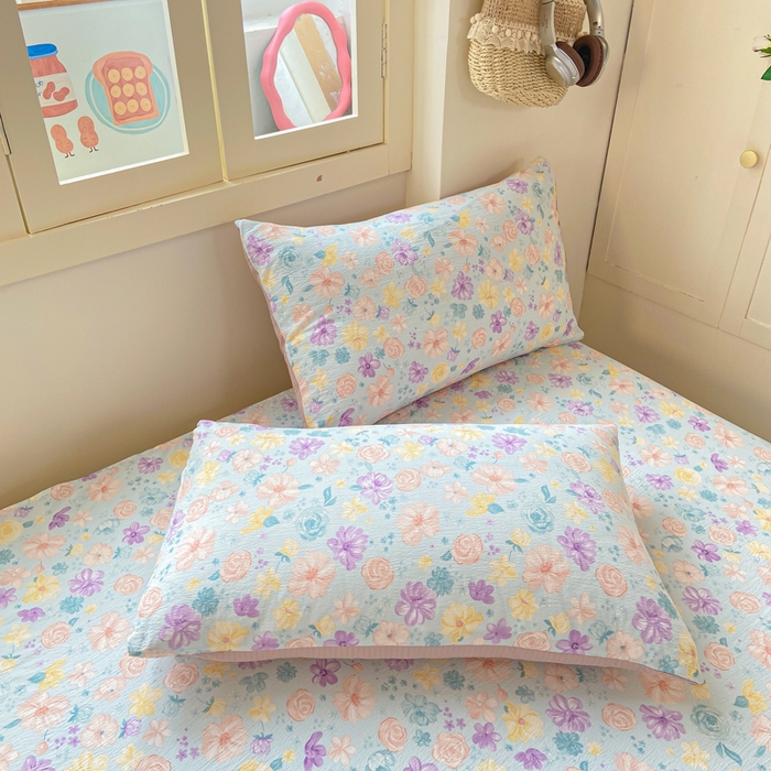 91家纺网 家纺一手货源 找家纺 夜笙家纺 2025新款110克水洗棉双层纱单床单系列 花海-蓝