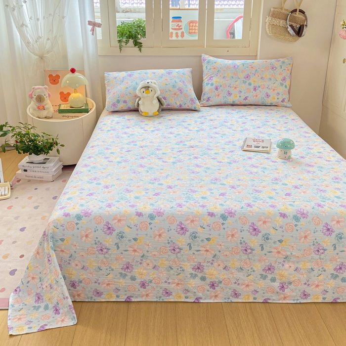 91家纺网 家纺一手货源 找家纺 夜笙家纺 2025新款110克水洗棉双层纱单床单系列 花海-蓝