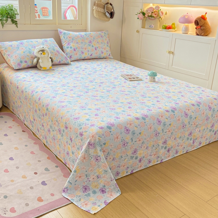 91家纺网 家纺一手货源 找家纺 夜笙家纺 2025新款110克水洗棉双层纱单床单系列 花海-蓝