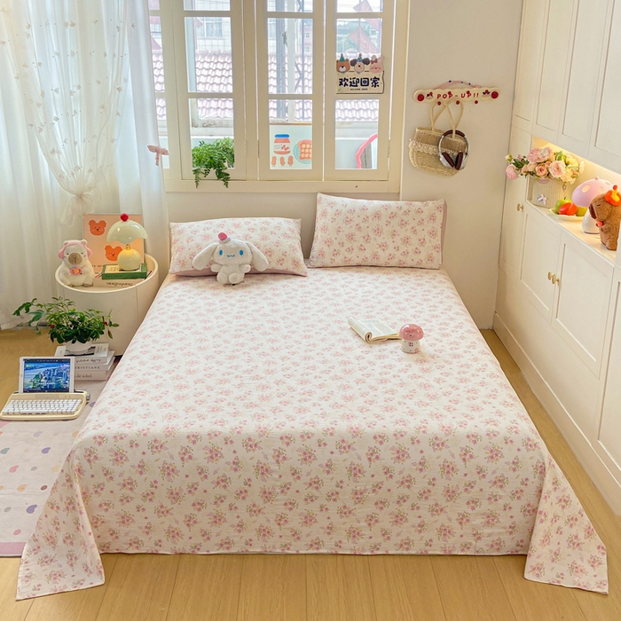 夜笙家纺 2025新款110克水洗棉双层纱单床单系列 花束粉