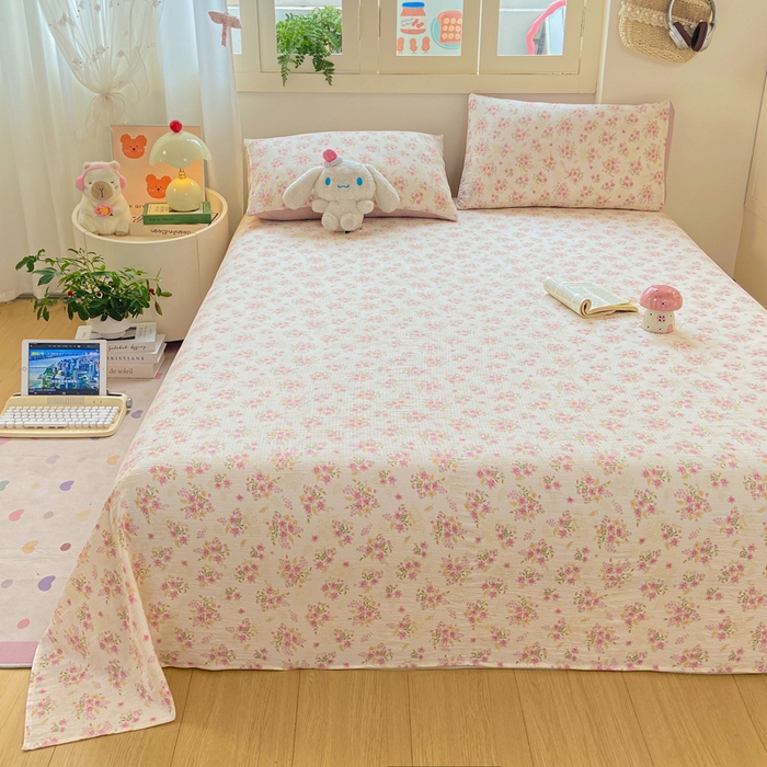 91家纺网 家纺一手货源 找家纺 夜笙家纺 2025新款110克水洗棉双层纱单床单系列 花束粉