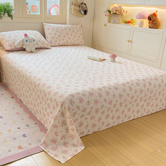 91家纺网 家纺一手货源 找家纺 夜笙家纺 2025新款110克水洗棉双层纱单床单系列 花束粉