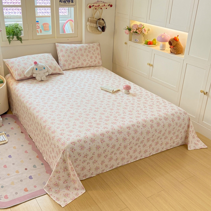 91家纺网 家纺一手货源 找家纺 夜笙家纺 2025新款110克水洗棉双层纱单床单系列 花束粉