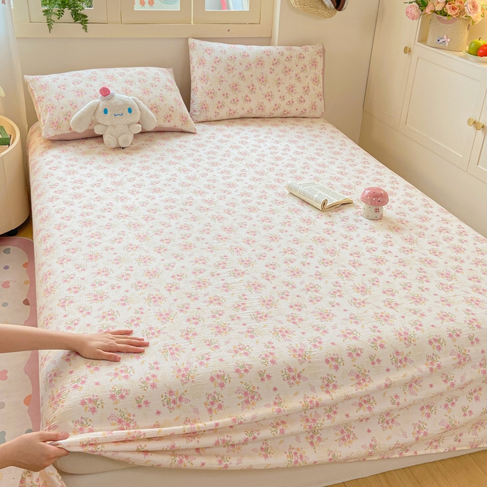 91家纺网 家纺一手货源 找家纺 夜笙家纺 2025新款110克水洗棉双层纱单床单系列 花束粉