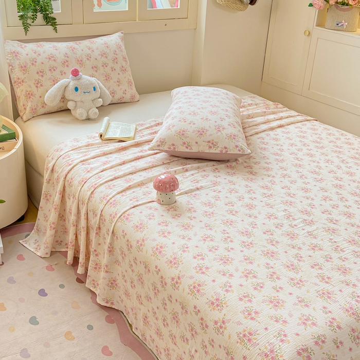 91家纺网 家纺一手货源 找家纺 夜笙家纺 2025新款110克水洗棉双层纱单床单系列 花束粉