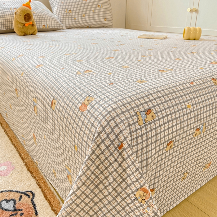 91家纺网 家纺一手货源 找家纺 夜笙家纺 2025新款110克水洗棉双层纱单床单系列 卡皮巴拉-咖