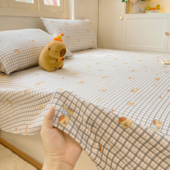 91家纺网 家纺一手货源 找家纺 夜笙家纺 2025新款110克水洗棉双层纱单床单系列 卡皮巴拉-咖