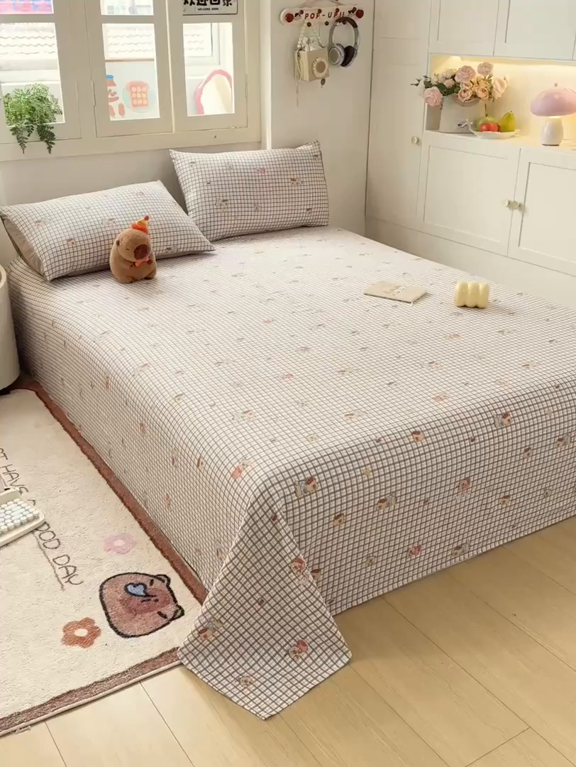 91家纺网 家纺一手货源 找家纺 夜笙家纺 2025新款110克水洗棉双层纱单床单系列 卡皮巴拉-咖