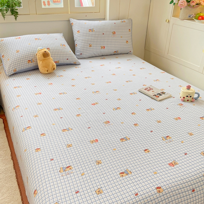 91家纺网 家纺一手货源 找家纺 夜笙家纺 2025新款110克水洗棉双层纱单床单系列 卡皮巴拉-蓝