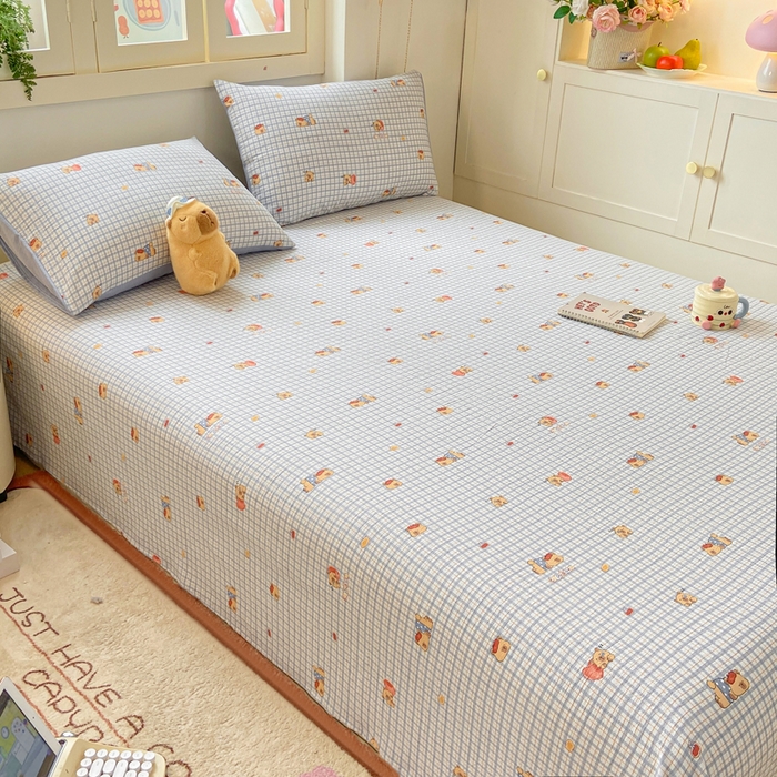 91家纺网 家纺一手货源 找家纺 夜笙家纺 2025新款110克水洗棉双层纱单床单系列 卡皮巴拉-蓝