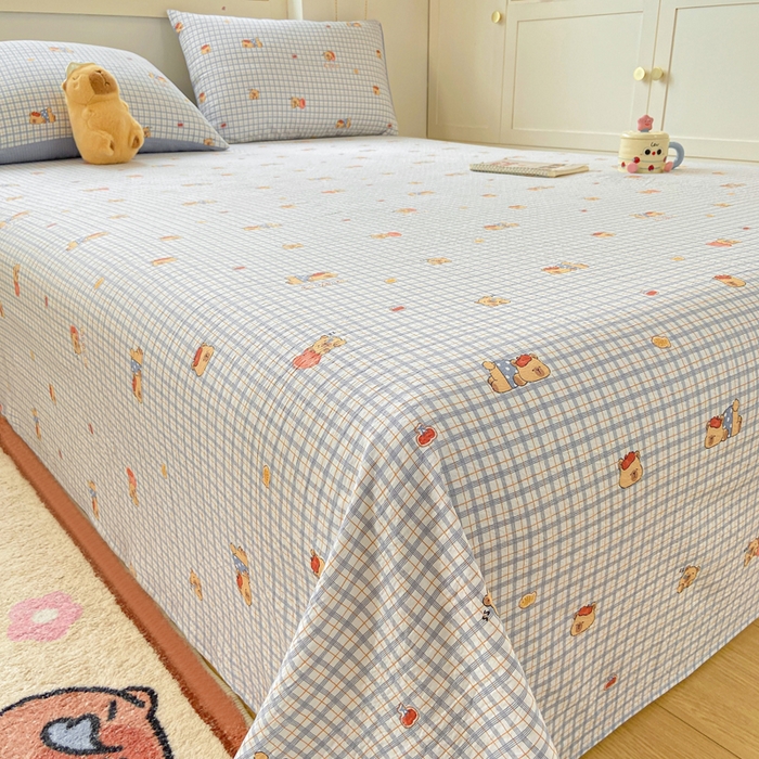 91家纺网 家纺一手货源 找家纺 夜笙家纺 2025新款110克水洗棉双层纱单床单系列 卡皮巴拉-蓝