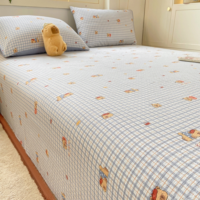 91家纺网 家纺一手货源 找家纺 夜笙家纺 2025新款110克水洗棉双层纱单床单系列 卡皮巴拉-蓝