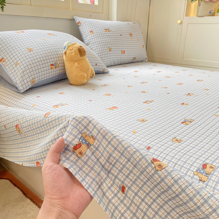 91家纺网 家纺一手货源 找家纺 夜笙家纺 2025新款110克水洗棉双层纱单床单系列 卡皮巴拉-蓝