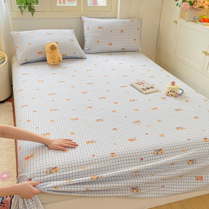 91家纺网 家纺一手货源 找家纺 夜笙家纺 2025新款110克水洗棉双层纱单床单系列 卡皮巴拉-蓝