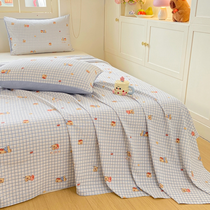 91家纺网 家纺一手货源 找家纺 夜笙家纺 2025新款110克水洗棉双层纱单床单系列 卡皮巴拉-蓝