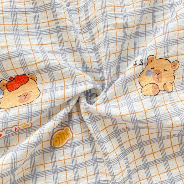 91家纺网 家纺一手货源 找家纺 夜笙家纺 2025新款110克水洗棉双层纱单床单系列 卡皮巴拉-蓝