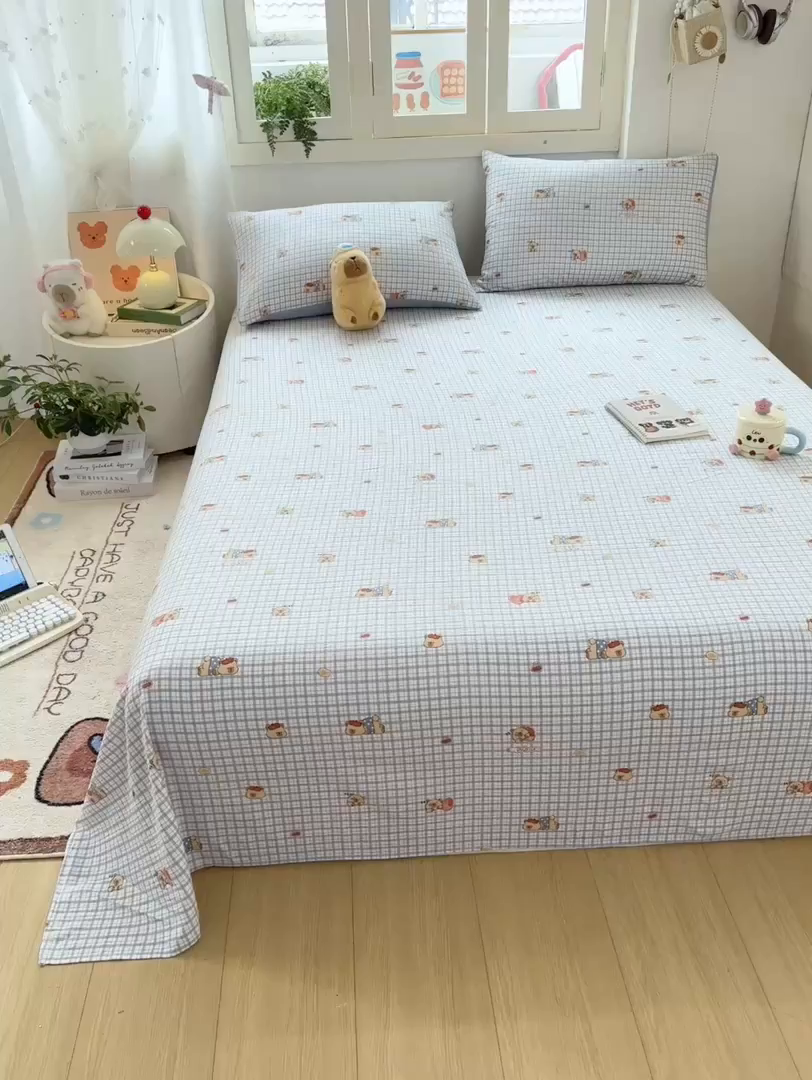 91家纺网 家纺一手货源 找家纺 夜笙家纺 2025新款110克水洗棉双层纱单床单系列 卡皮巴拉-蓝