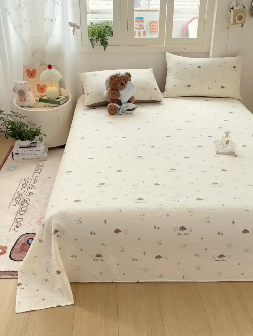 91家纺网 家纺一手货源 找家纺 夜笙家纺 2025新款110克水洗棉双层纱单床单系列 快乐伙伴