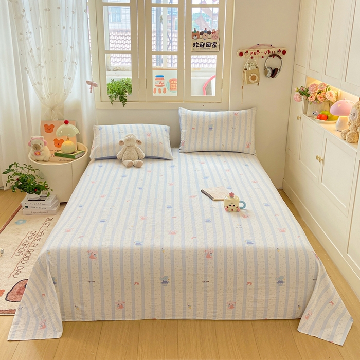 夜笙家纺 2025新款110克水洗棉双层纱单床单系列 魔法小象-蓝