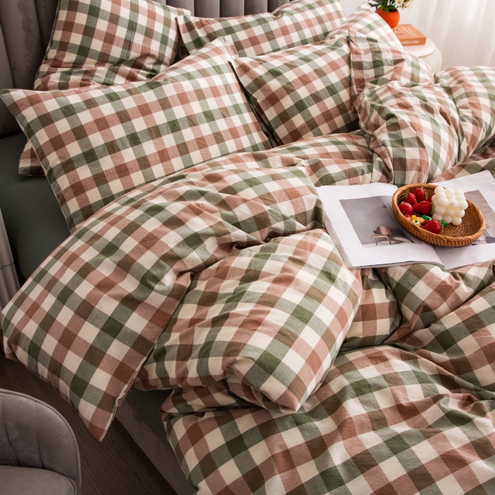 91家纺网 家纺一手货源 找家纺 千姿梦 2025新款全棉水洗棉四件套 咖绿小格