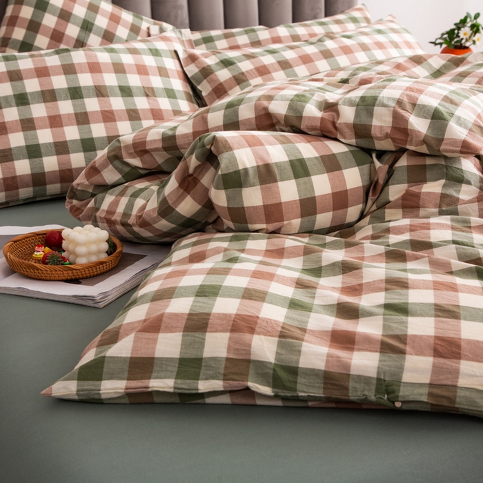 91家纺网 家纺一手货源 找家纺 千姿梦 2025新款全棉水洗棉四件套 咖绿小格