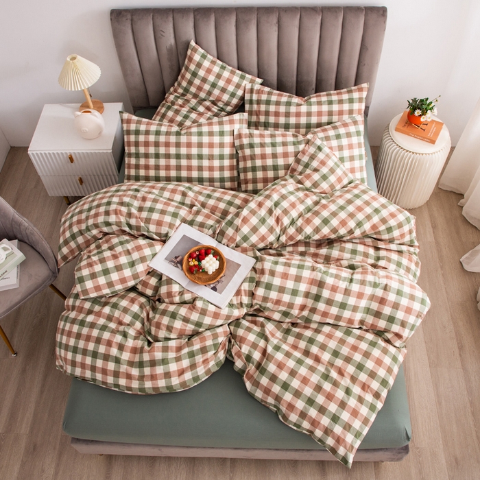 千姿梦 2025新款全棉水洗棉四件套 咖绿小格