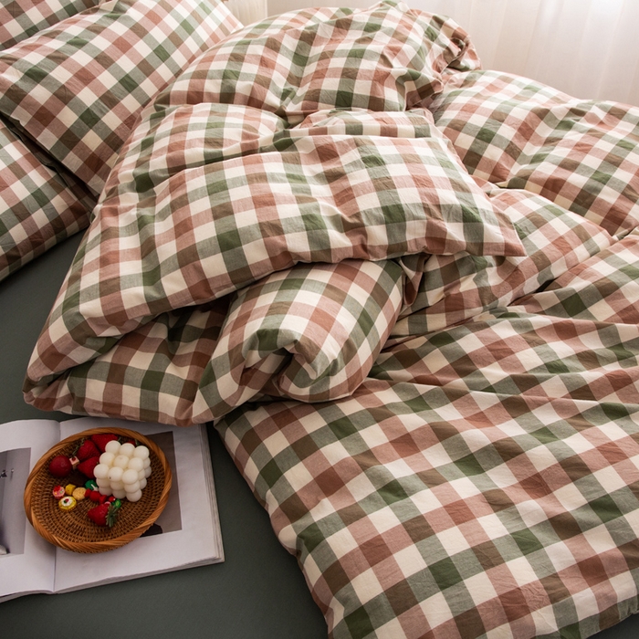 91家纺网 家纺一手货源 找家纺 千姿梦 2025新款全棉水洗棉四件套 咖绿小格