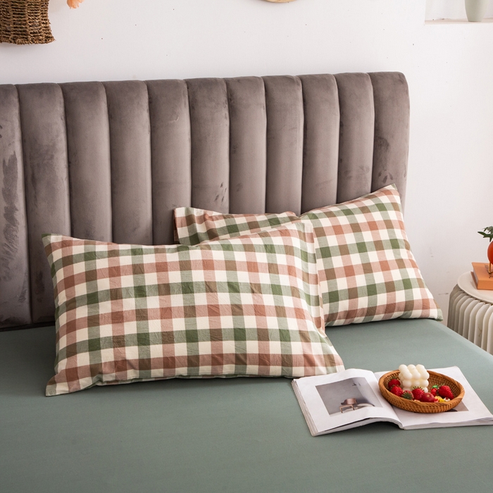 91家纺网 家纺一手货源 找家纺 千姿梦 2025新款全棉水洗棉四件套 咖绿小格