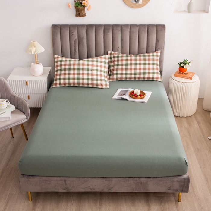 91家纺网 家纺一手货源 找家纺 千姿梦 2025新款全棉水洗棉四件套 咖绿小格