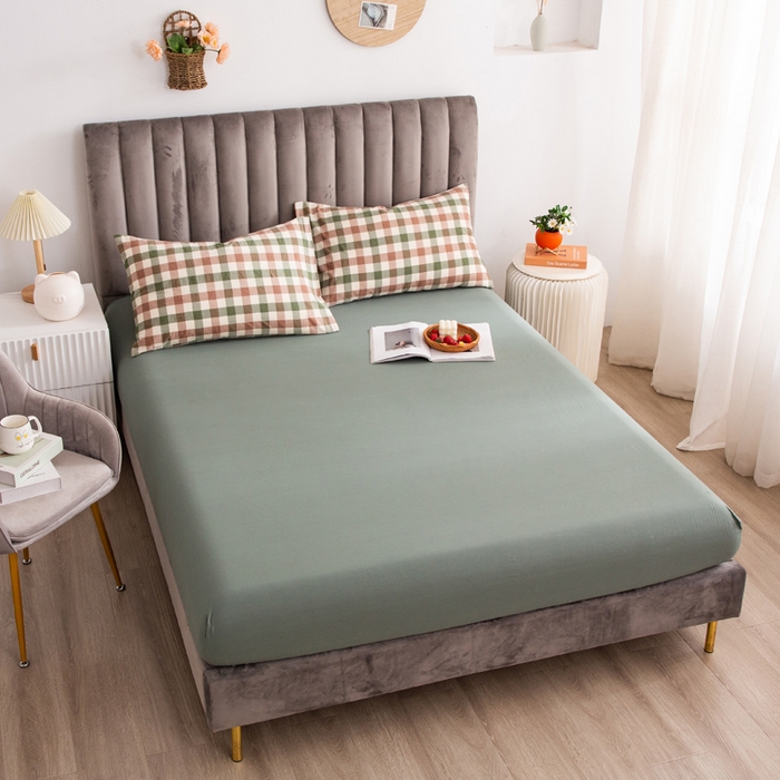 91家纺网 家纺一手货源 找家纺 千姿梦 2025新款全棉水洗棉四件套 咖绿小格