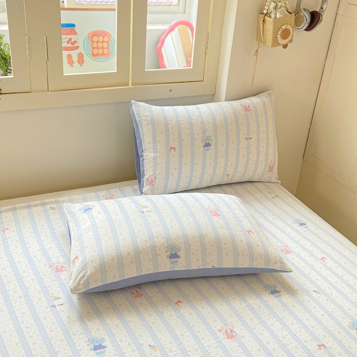 91家纺网 家纺一手货源 找家纺 夜笙家纺 2025新款110克水洗棉双层纱单床单系列 魔法小象-蓝