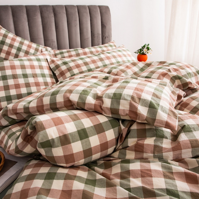 91家纺网 家纺一手货源 找家纺 千姿梦 2025新款全棉水洗棉四件套 咖绿小格