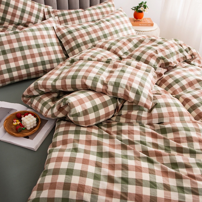 91家纺网 家纺一手货源 找家纺 千姿梦 2025新款全棉水洗棉四件套 咖绿小格