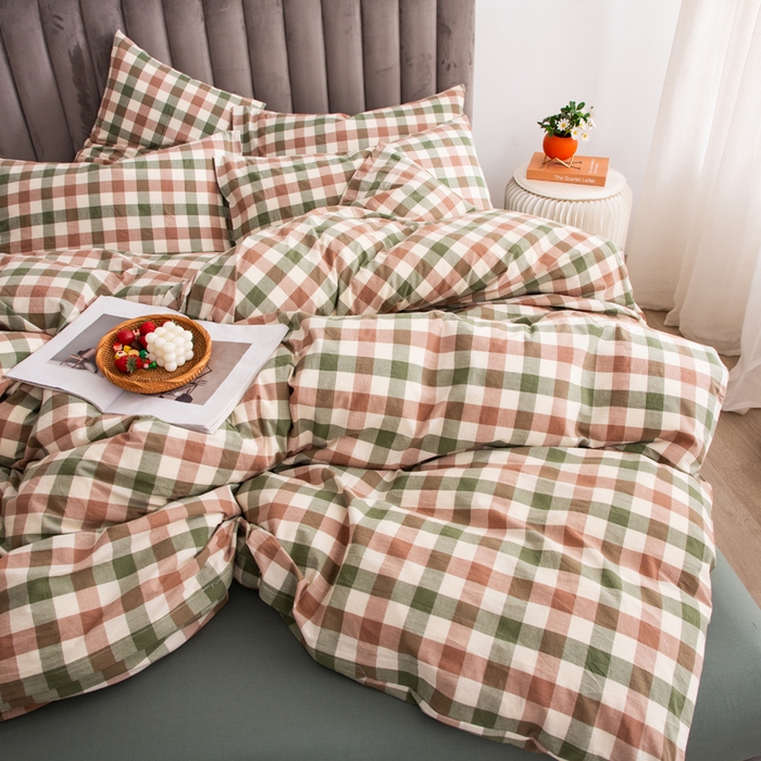 91家纺网 家纺一手货源 找家纺 千姿梦 2025新款全棉水洗棉四件套 咖绿小格