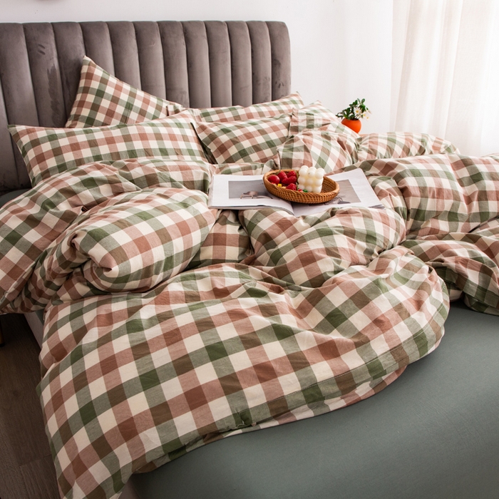 91家纺网 家纺一手货源 找家纺 千姿梦 2025新款全棉水洗棉四件套 咖绿小格