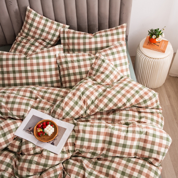 91家纺网 家纺一手货源 找家纺 千姿梦 2025新款全棉水洗棉四件套 咖绿小格