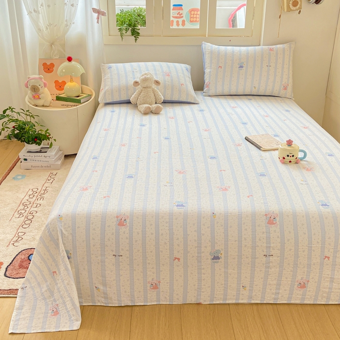 91家纺网 家纺一手货源 找家纺 夜笙家纺 2025新款110克水洗棉双层纱单床单系列 魔法小象-蓝