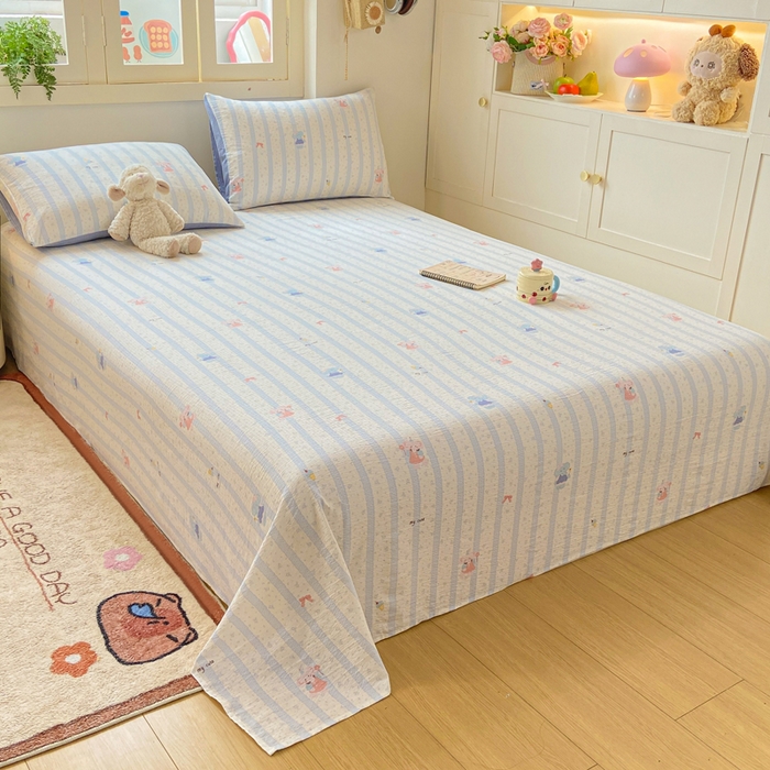 91家纺网 家纺一手货源 找家纺 夜笙家纺 2025新款110克水洗棉双层纱单床单系列 魔法小象-蓝