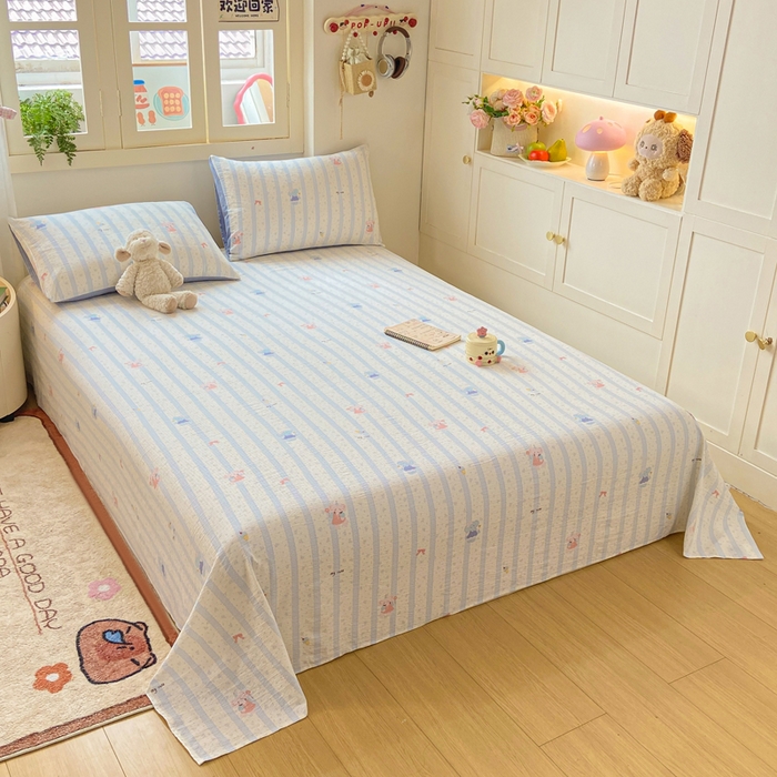 91家纺网 家纺一手货源 找家纺 夜笙家纺 2025新款110克水洗棉双层纱单床单系列 魔法小象-蓝