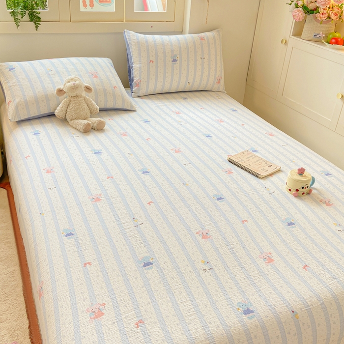 91家纺网 家纺一手货源 找家纺 夜笙家纺 2025新款110克水洗棉双层纱单床单系列 魔法小象-蓝